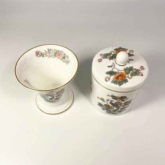 Set of 2 Wedgwood Kutani bird trumpet Vase & lidded jar - Picture 2 of 12
